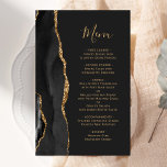 Tall Budget Zwart Goud Agaat Donker Bruiloft Menu<br><div class="desc">De linkerrand van dit elegante moderne trouwmenu is voorzien van een zwarte waterverf aan de rand van het rooster,  die is opgeruimd met een faux goudglitter. De aanpasbare tekst combineert goudkleurig handschrift en copperplate doopvonten op een off-black achtergrond. De achterzijde is voorzien van een bijpassend zwart en goudvormig ontwerp.</div>