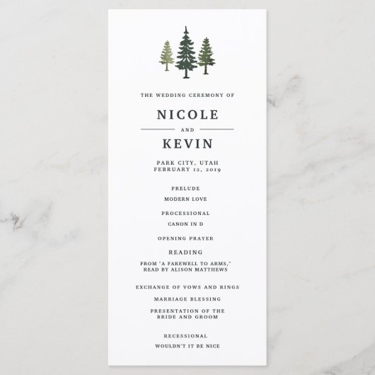Tall Pines Trouwceremonie Programma Programmakaart (Voorkant)