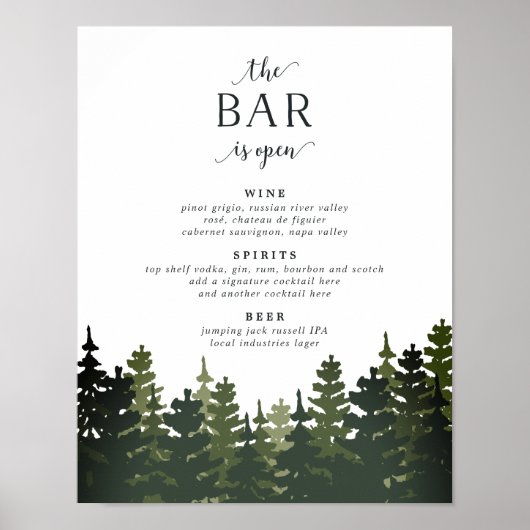 Tall Pines Wedbalk Menu Sign. Poster (Voorkant)