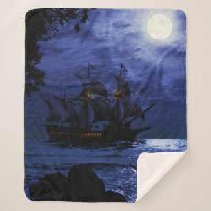 Tall Pirate Ghost Ship Zee Moon Night Sky Blue Sherpa Deken