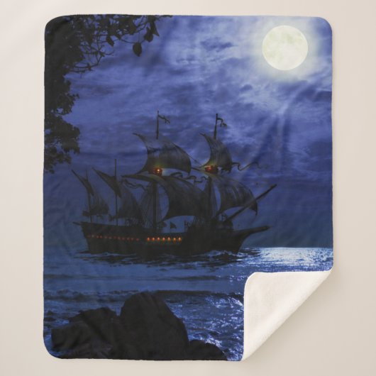 Tall Pirate Ghost Ship Zee Moon Night Sky Blue Sherpa Deken (Voorkant)