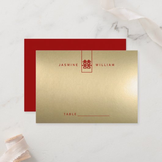 Tall Rectangle Double Happiness Chinese Wedding Plaatskaartje (Voorkant / Achterkant in situ)