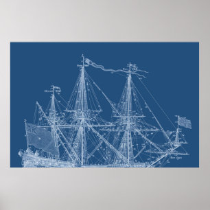 Tall Sailing Ship Blueprint Sail Boat Masts Poster