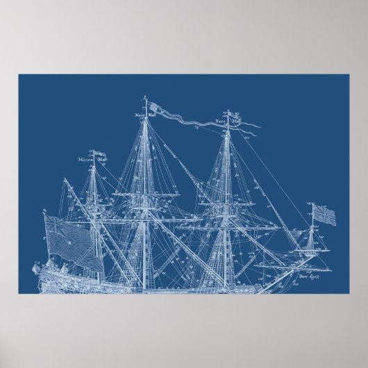 Tall Sailing Ship Blueprint Sail Boat Masts Poster (Voorkant)