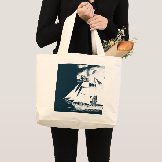 Tall Ship & Clouds Nautical Grote Tote Bag (Voorkant (product))
