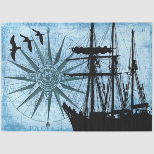 Tall Ship Sailboat Compass Roos Collage Decoupage Tissuepapier (Voorkant)