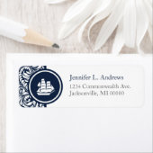 Tall Ships Navy Damask Adresetiketten Etiket (Insitu)