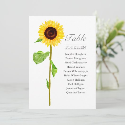Tall Sunflower Single Weddentable Seating Chart Kaart (Staand voorkant)