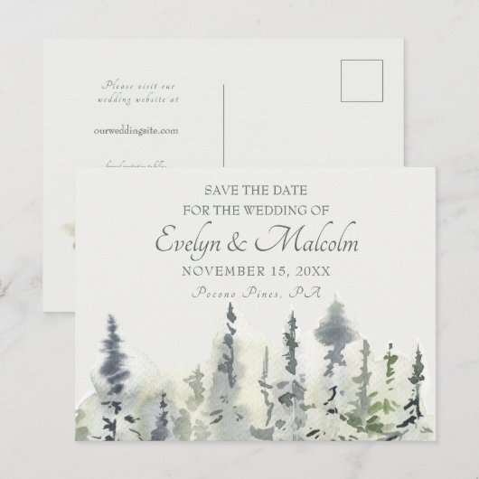 Tall Timber Waterverf Evergreen Trees Wedding Aankondigingskaart (Voorkant / Achterkant)