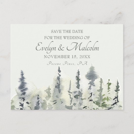 Tall Timber Waterverf Evergreen Trees Wedding Aankondigingskaart (Voorkant)