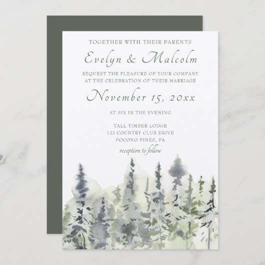 Tall Timber Waterverf Evergreen Trees Wedding Kaart (Voorkant / Achterkant)