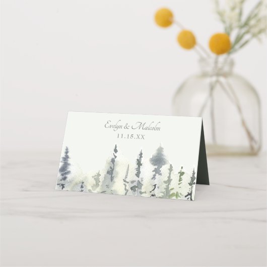 Tall Timber Waterverf Evergreen Trees Wedding Plaatskaartje (Achterkant)