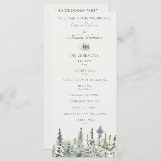 Tall Timber Waterverf Evergreen Trees Wedding Programmakaart (Voorkant / Achterkant)