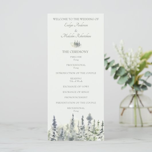 Tall Timber Waterverf Evergreen Trees Wedding Programmakaart (Staand voorkant)