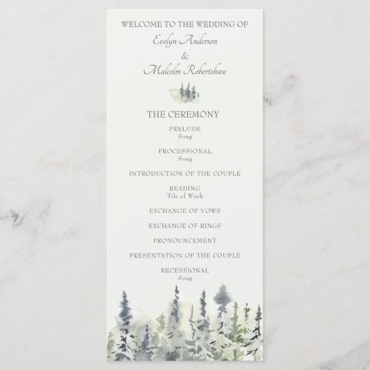 Tall Timber Waterverf Evergreen Trees Wedding Programmakaart (Voorkant)