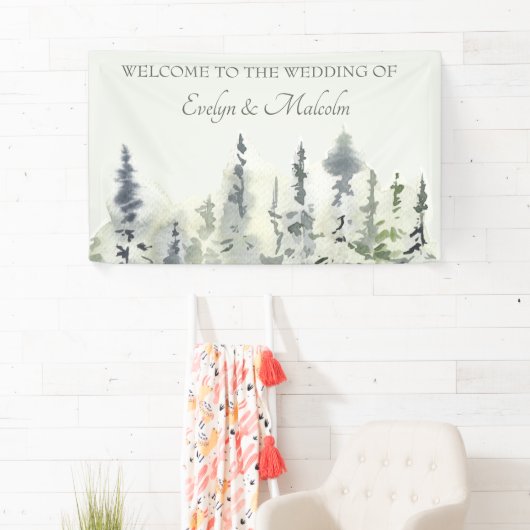 Tall Timber Waterverf Evergreen Trees Wedding Spandoek (Insitu)