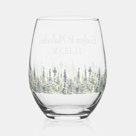 Tall Timber Waterverf Evergreen Trees Wedding Wijnglas Zonder Voet (Achterkant)
