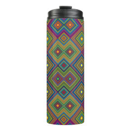 Tall travel mug with a vibrant geometric pattern  thermosbeker