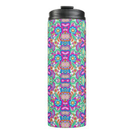 Tall travel mug with a vibrant, symmetrical floral thermosbeker