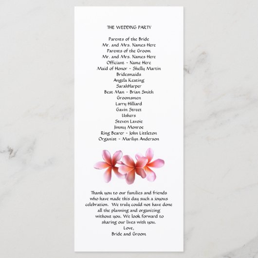 Tall Tropical Plumeria Wedding Programs Programmakaart (Achterkant)