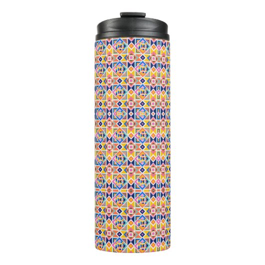 Tall tumbler with a vibrant, geometric pattern thermosbeker (Voorkant)