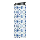 Tall, white travel mug with a black lid thermosbeker (Gedraaid links)