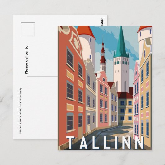 Tallinn Estonia Retro Travel Art Briefkaart (Voorkant / Achterkant)