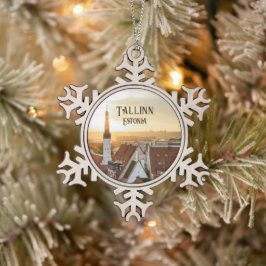 Tallinn silhouet bij zonsopgang, Estland reis foto Tin Sneeuwvlok Ornament