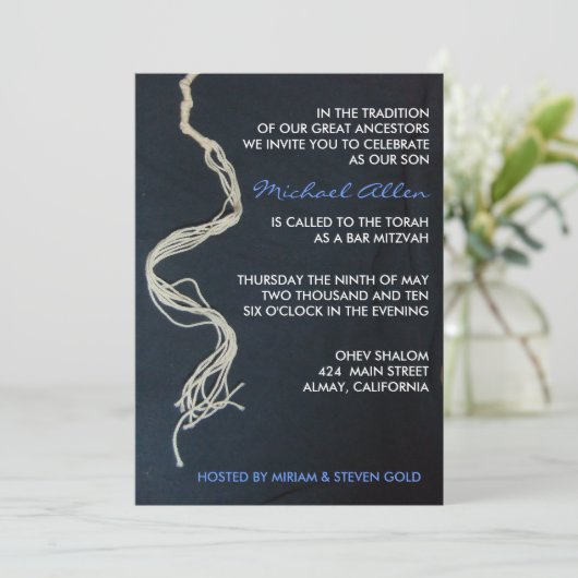 Tallit Tallis Knots Bar Bat Mitzvah Uitnodiging (Staand voorkant)