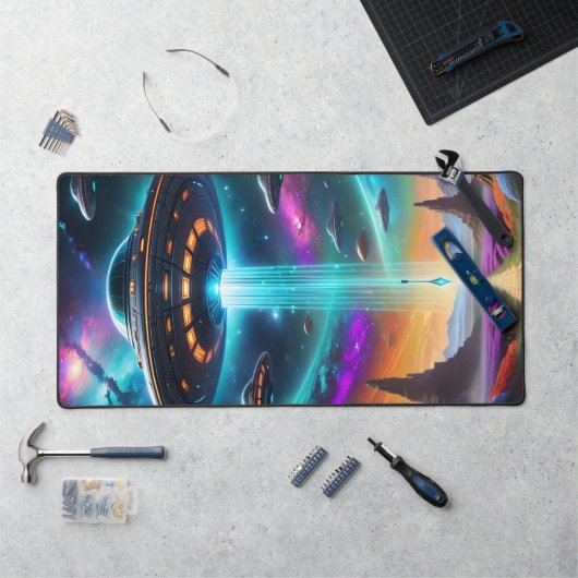 Talloze UFO-onbekende vliegende borden boven UFO's Bureaumat (Werkstation)