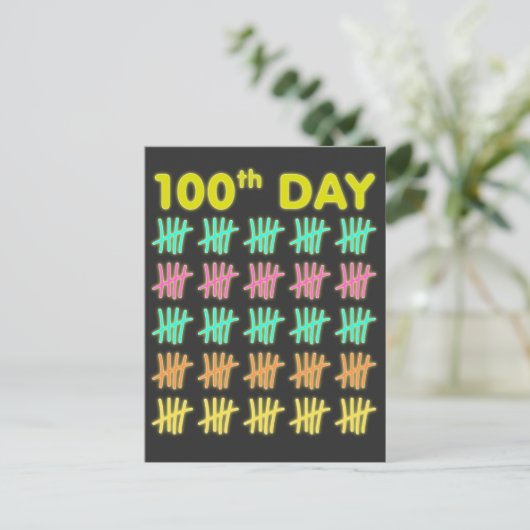 Tally Mark 100th Day of School T-shirt Neon Gift Briefkaart (Staand voorkant)