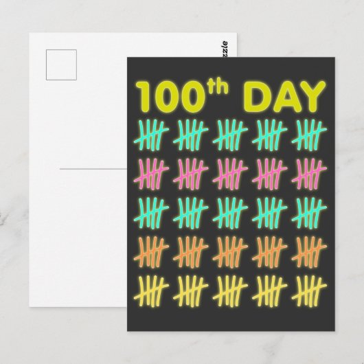 Tally Mark 100th Day of School T-shirt Neon Gift Briefkaart (Voorkant / Achterkant)