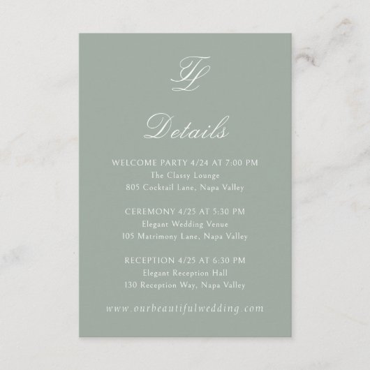 Talula Sage Green Elegant Wedding Informatiekaartje (Voorkant)