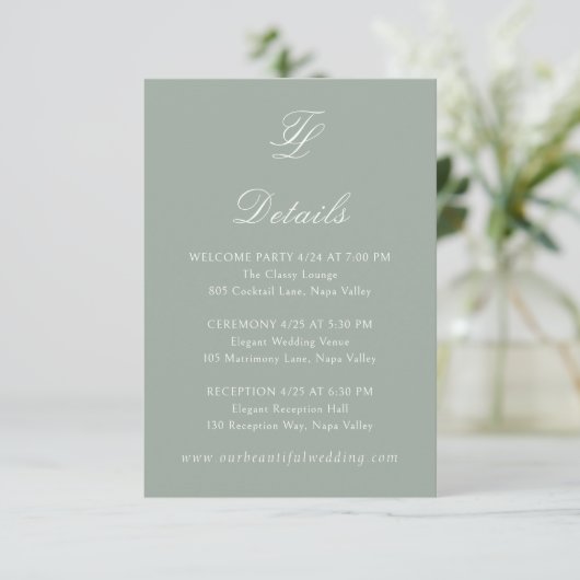 Talula Sage Green Elegant Wedding Informatiekaartje (Staand voorkant)