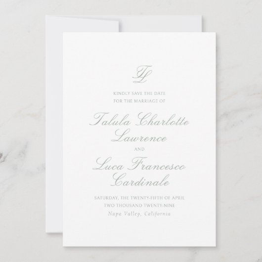 Talula Sage Green Elegant Wedding Save The Date (Voorkant)