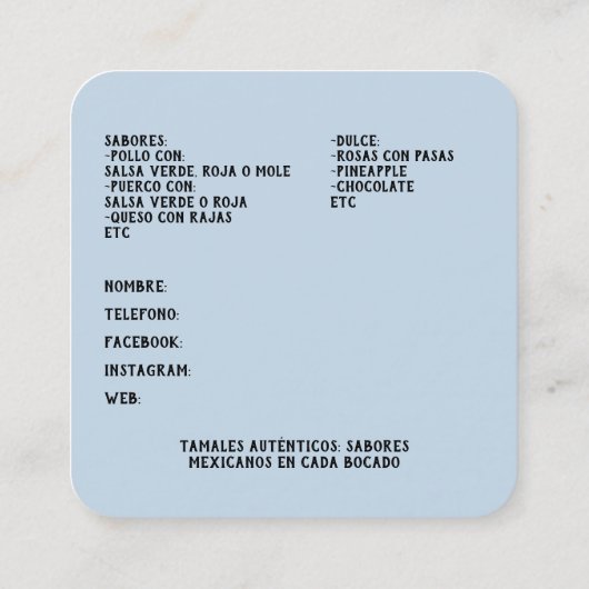 Tamales Vierkante Visitekaartje (Achterkant)