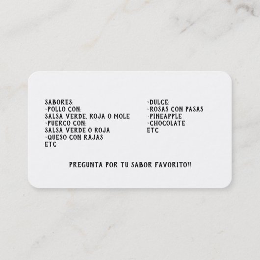 Tamales Visitekaartje (Achterkant)