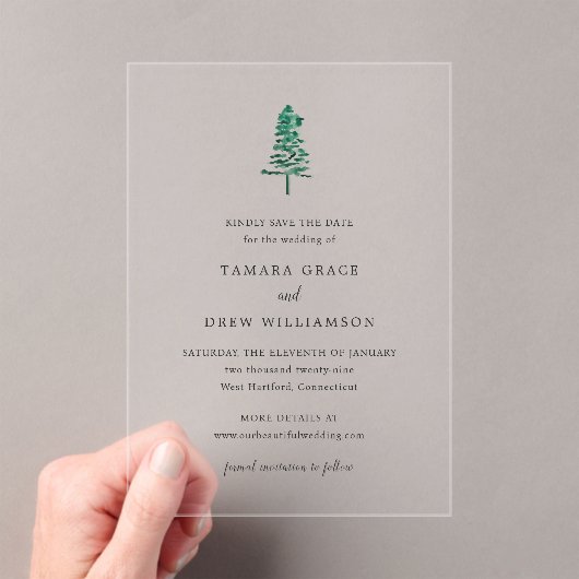 Tamara Pine Tree Modern Wedding Save the Date Acryl Uitnodigingen (Insitu (Draagbaar))