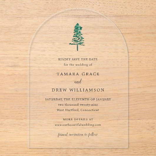 Tamara Pine Tree Modern Wedding Save the Date Acryl Uitnodigingen (Voorkant)