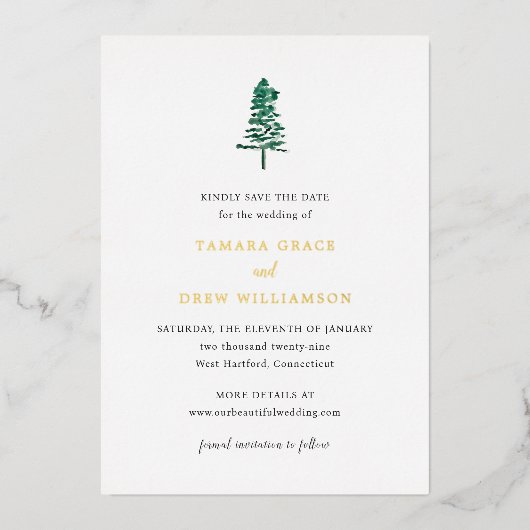 Tamara Pine Tree Modern Wedding Save the Date Folie Uitnodiging (Voorkant)