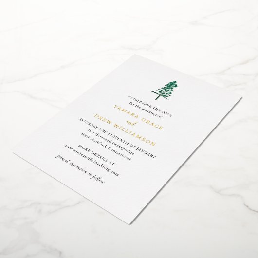 Tamara Pine Tree Modern Wedding Save the Date Folie Uitnodiging (Gedraaid)