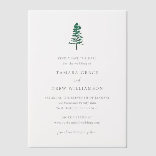 Tamara Pine Tree Modern Wedding Save the Date Vellum Uitnodigingen (Voorkant)
