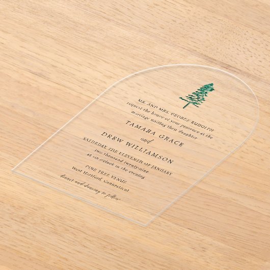 Tamara Pine Tree Moderne bruiloft Acryl Uitnodigingen (Laagn)
