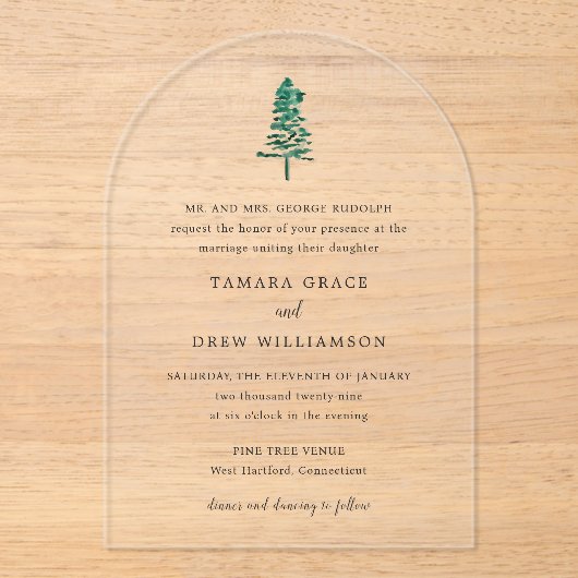 Tamara Pine Tree Moderne bruiloft Acryl Uitnodigingen (Voorkant)