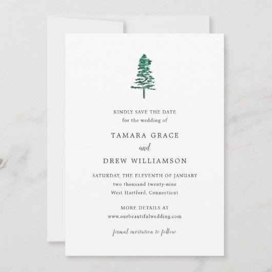 Tamara Pine Tree Moderne bruiloft Save The Date (Voorkant)