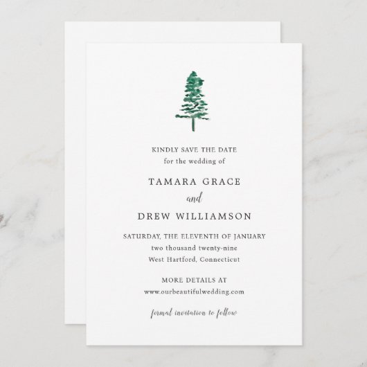 Tamara Pine Tree Moderne bruiloft Save The Date (Voorkant / Achterkant)