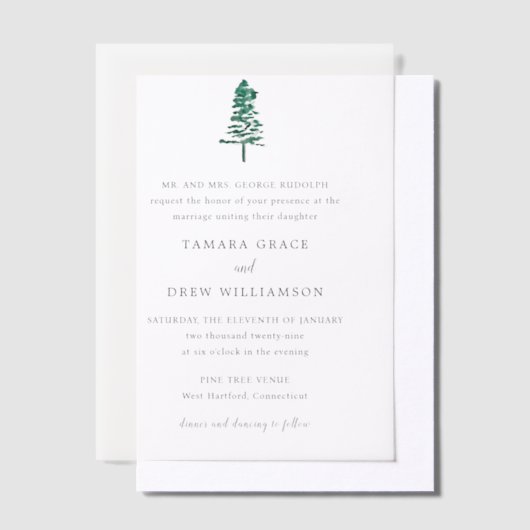 Tamara Pine Tree Moderne bruiloft Vellum Uitnodigingen (Offset)