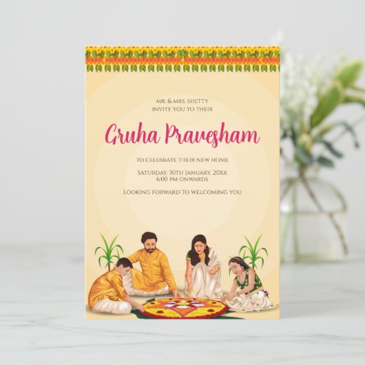 Tamil Housewarming nodigen Telugu uit als Grihapra Kaart (Staand voorkant)
