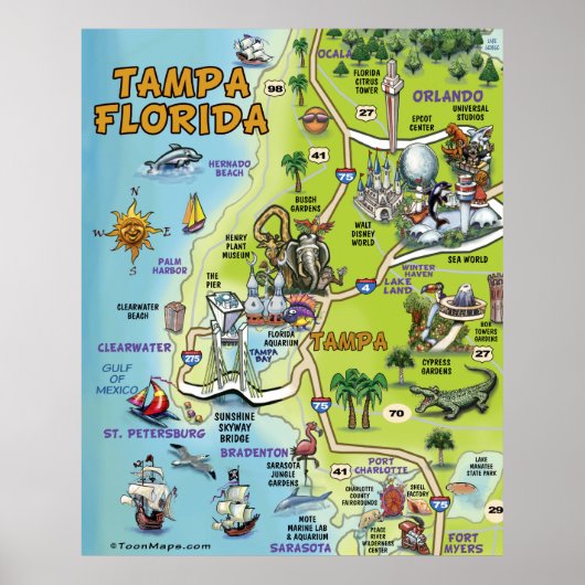 Tampa Florida Cartoon Map Poster (Voorkant)