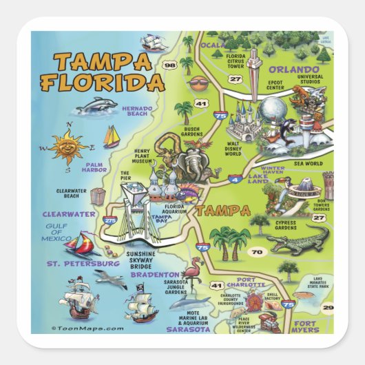 Tampa Florida Cartoon Map Vierkante Sticker (Voorkant)